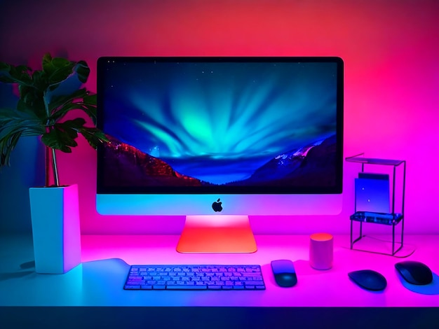 Foto imac staat op een tafel neon apple toetsenbord en muis op de tafel met achtergrond