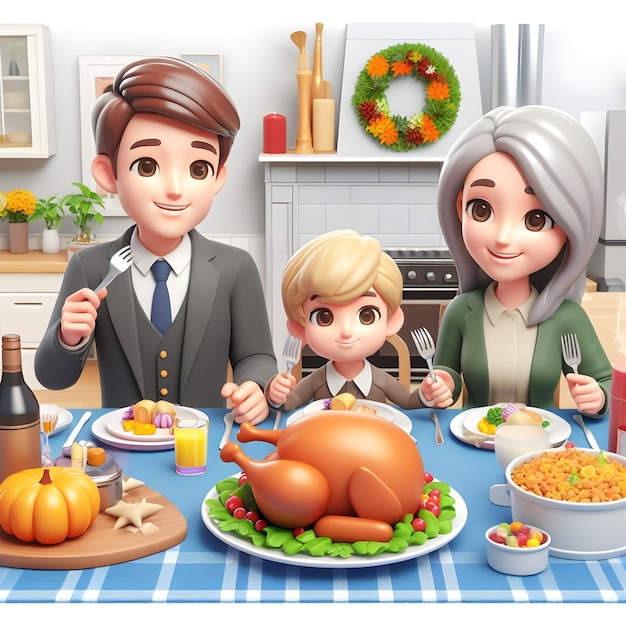 3D-изображение семьи за ужином в честь Дня Благодарения в мультяшном стиле