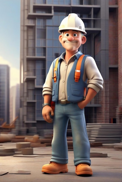 Image of 3d happy builder old man front of building in character illustration