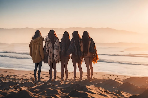 image of 5 girls friends standing together in sunrise beach on sands