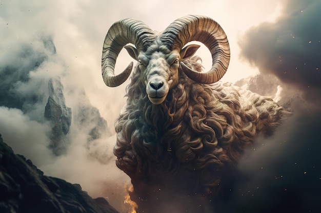 Image of abstract fantasy of bighorn ram with flames and smog Wildlife Animals Illustration Generative AI