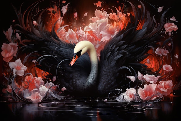 Image of abstract fantasy of black swan spreading its wings Birds Wildlife Animals Illustration Generative AI