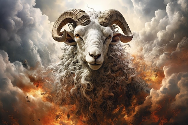 Image of abstract fantasy of sheep with flames and smog Wildlife Animals Illustration Generative AI