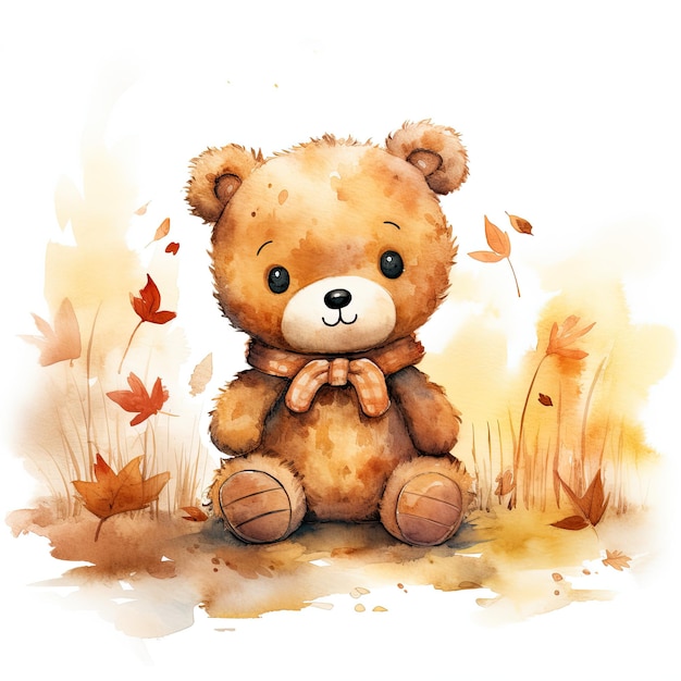 Image of an adorable watercolorpainted teddy bear with tree leaves and autumn colors by generative AI