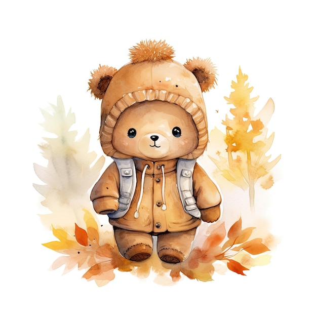 Image of an adorable watercolorpainted teddy bear with tree leaves and autumn colors by generative AI