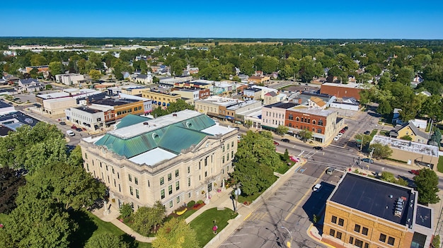 Image of Aerial view of courthouse in rural town