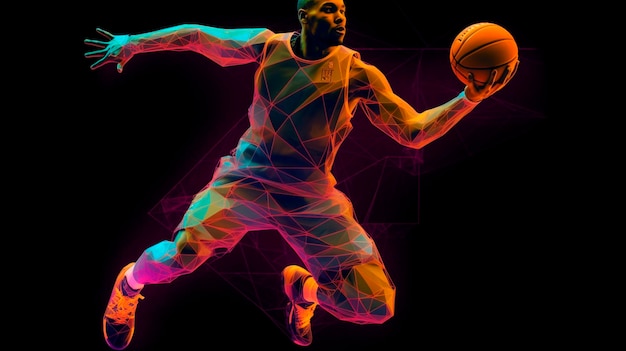 Image of african american basketball player with basketball in neon future style Generative AI