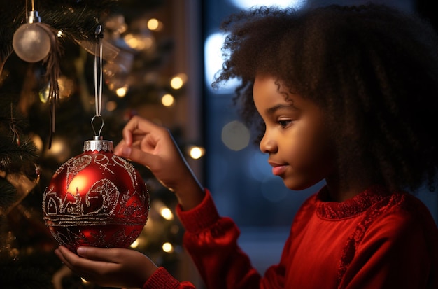 An image of an African American girl in a crimson gown adorns a holiday tree with a ruby orb in her residence