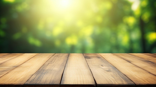 Image aig30 features an empty wooden table with blurred tea plantation backdrop Generative AI