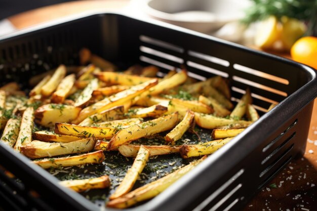 Foto immagine di una friggitrice ad aria che cucina patatine fritte