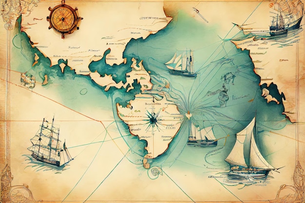 Image of ancient nautical chart of sea routes of medieval ships Generative Ai