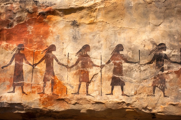 洞窟の壁に手をつないでいる古代の人々のイメージ
