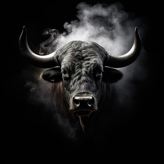 Image of an angry bull face with fire smoke on black background Wildlife Animals Illustration Generative AI