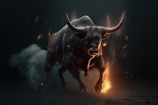 Image of an angry bull with flames Wild animal illustration generative AI