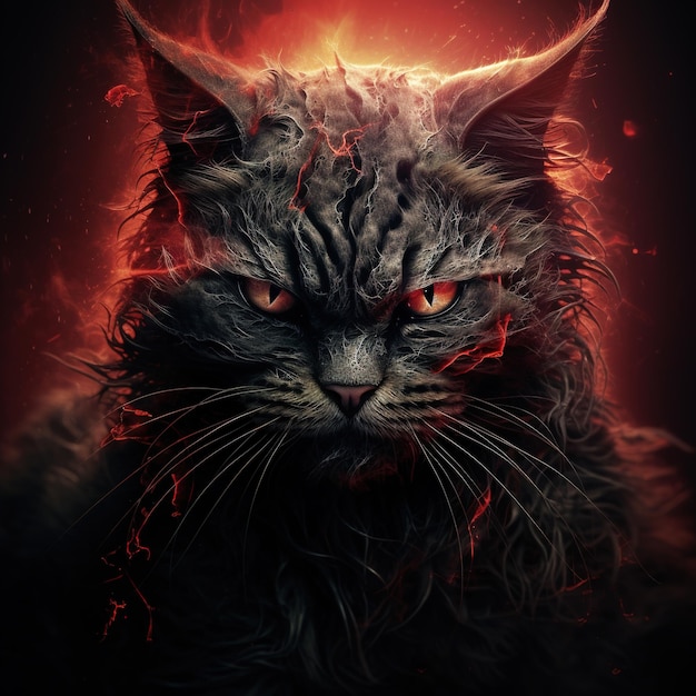 Image of an angry demon cat terrifying and flames on dark background Pet Animals Illustration Generative AI