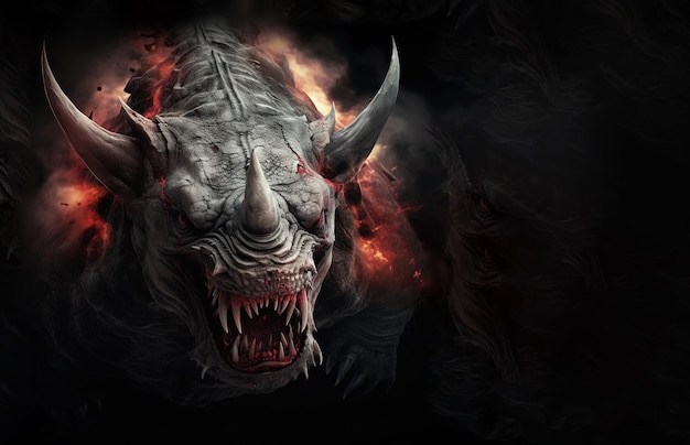 Изображение разгневанного демона-носорога, ужасающего пламенем и дымом на темном фоне Животные дикой природы Иллюстрация Генеративный AI