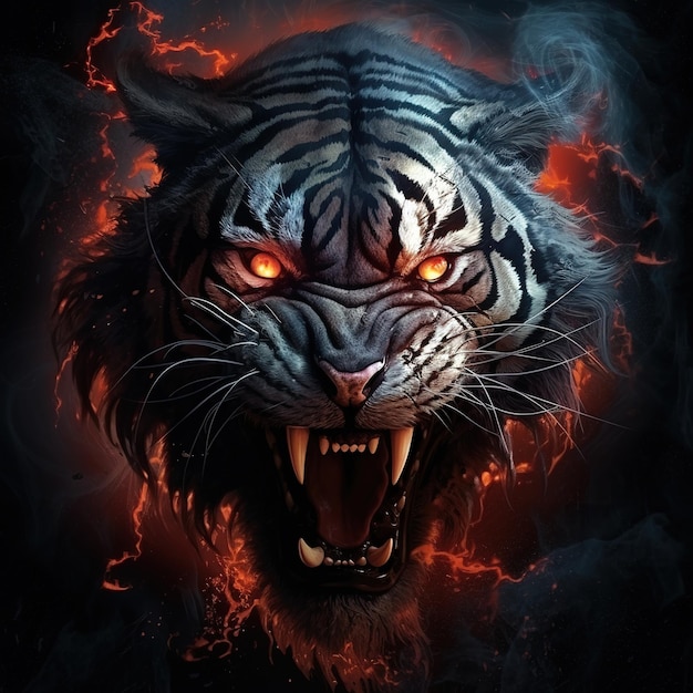 Image of an angry demon tiger terrifying with flames and smoke on dark background Wildlife Animals Illustration Generative AI