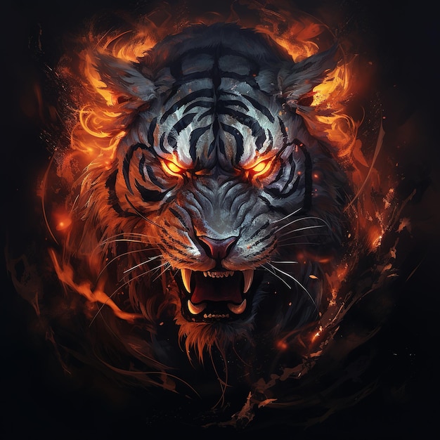 Image of an angry demon tiger terrifying with flames and smoke on dark background Wildlife Animals Illustration Generative AI