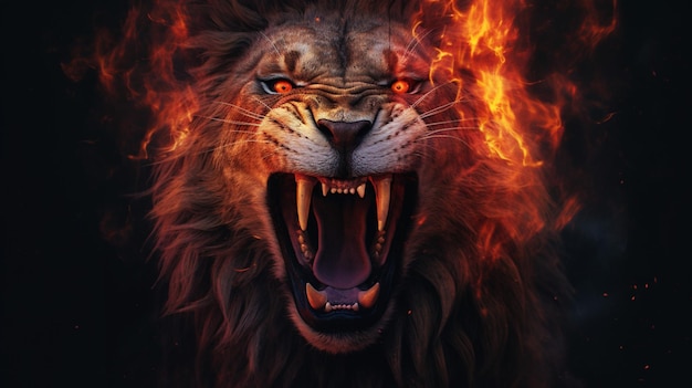 Photo image of an angry lion and flames wildlife animals generative ai