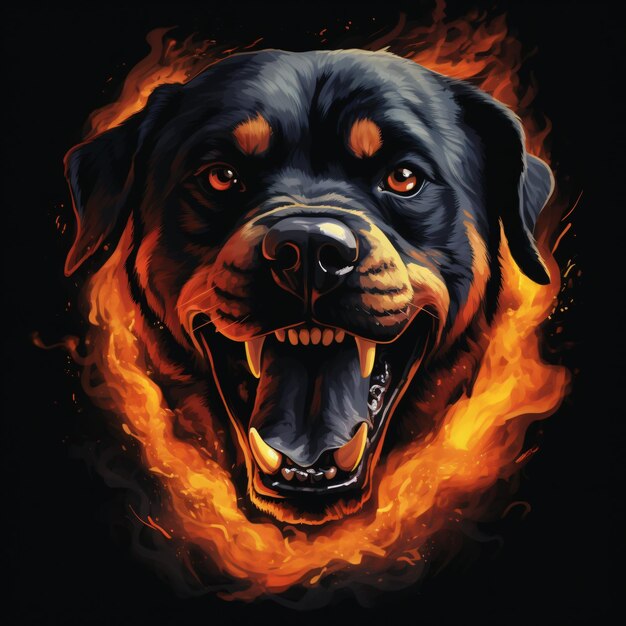 Photo image of angry rottweiler dog face and flames