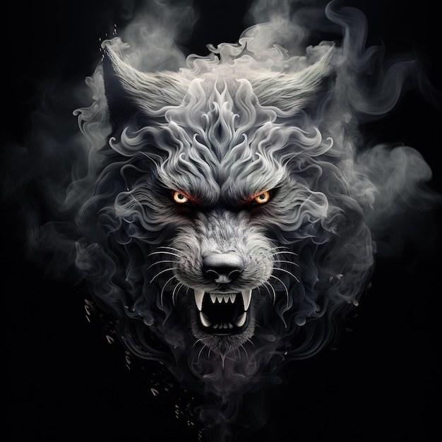 Image of an angry wolf face with fire smoke on black background Wildlife Animals Illustration Generative AI