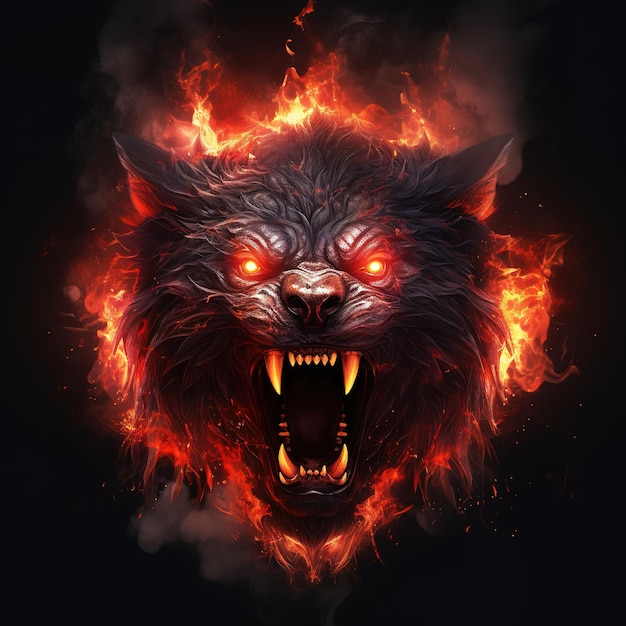 Image of angrya bear face demon and flames on dark background Wildlife Animals Illustration Generative AI