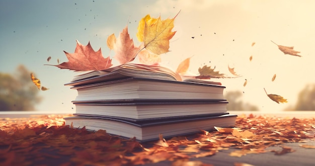 An image of an animated book stack with leaf falling over it