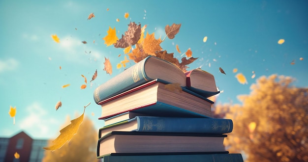 An image of an animated book stack with leaf falling over it