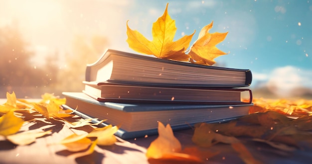 An image of an animated book stack with leaf falling over it