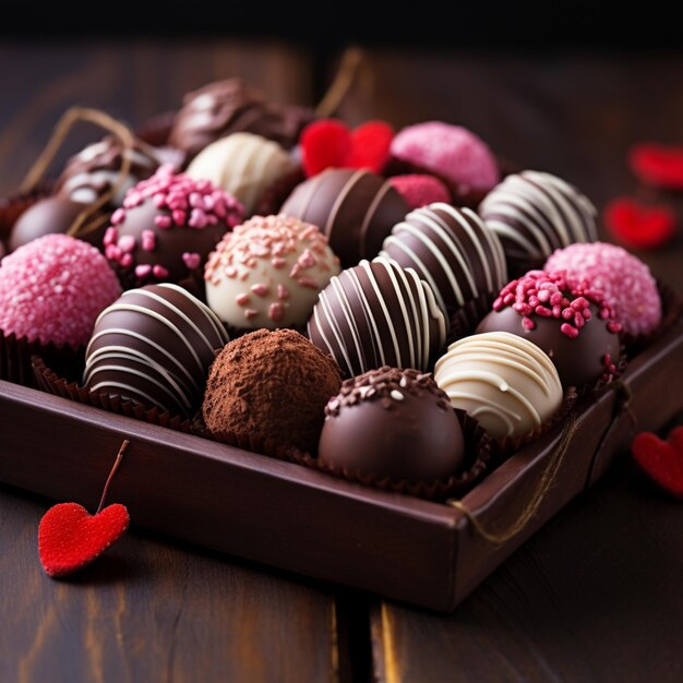 소셜 미디어 포스트 크기의 목조 테이블을 근접으로 볼 수 있는 다양한 발렌타인 데이 초콜릿