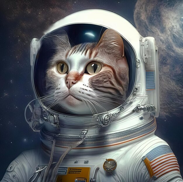 別の惑星にあるカラフルな泡の銀河にいる宇宙飛行士の猫の画像