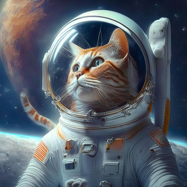 別の惑星にあるカラフルな泡の銀河にいる宇宙飛行士の猫の画像