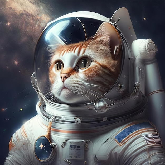 別の惑星にあるカラフルな泡の銀河にいる宇宙飛行士の猫の画像