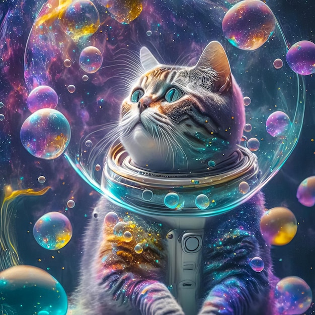 An image of an astronaut cat in a colorful galaxy of bubbles on another planet