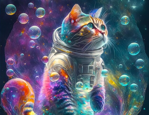 An image of an astronaut cat in a colorful galaxy of bubbles on another planet