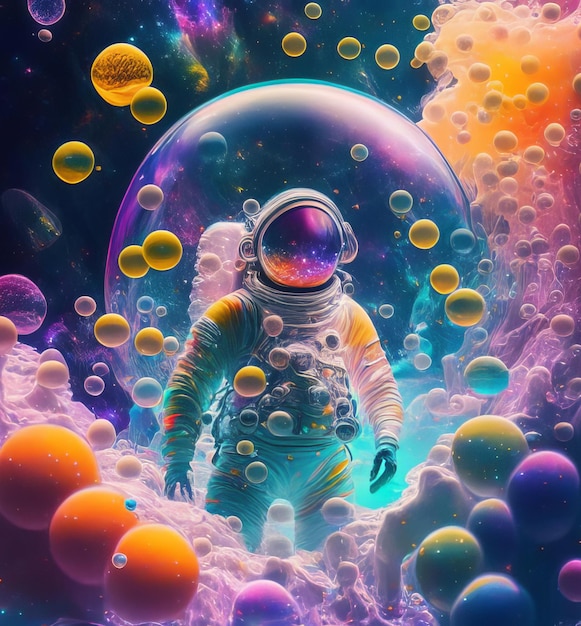 Image of an astronaut in a colorful galaxy of bubbles on another planet