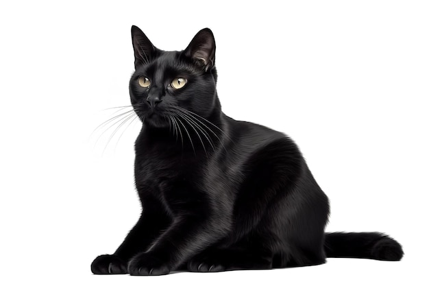 Изображение привлекательной черной кошки, сидящей на белом фоне. Домашние животные Иллюстрация генеративный AI