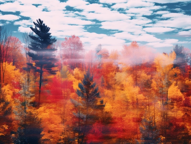 an image of an autumn forest with trees and clouds