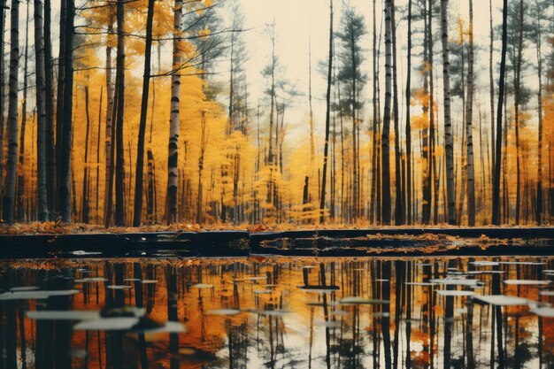 изображение осеннего леса с отражением деревьев в воде