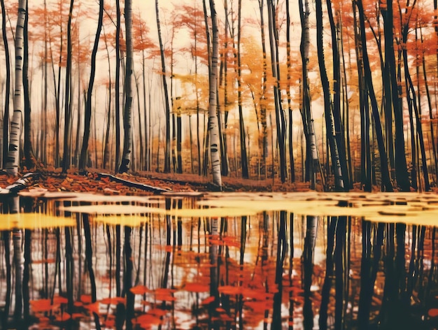 an image of an autumn forest with trees and water