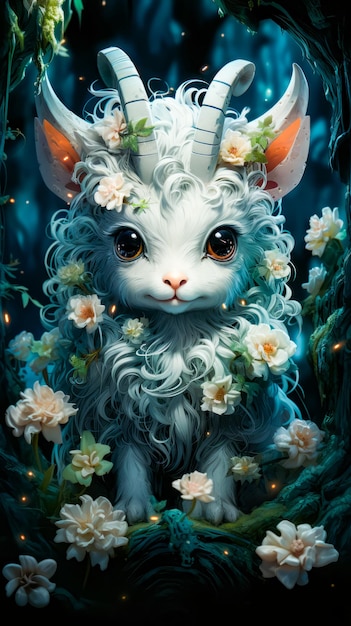 Image of baby goat with flowers on its head Generative AI