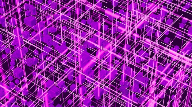 Image background of cubes with purple circuits and light bars technology theme 3d illustration