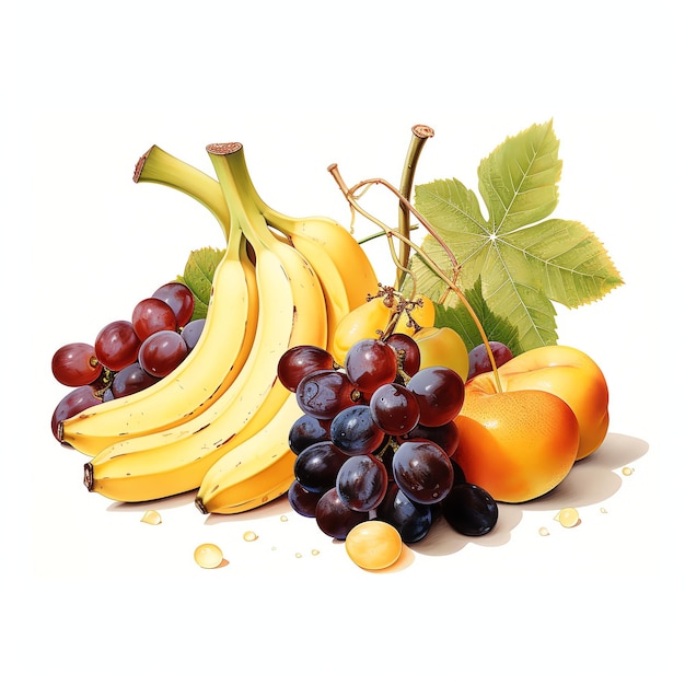 image of banana orange and grapes with white background