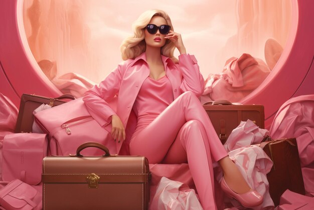 ピンクのシャツとサングラスを着た豪華なスタイルのバービー人形の画像