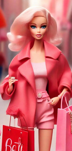 Foto immagine di una bambola barbie che fa shopping in un centro commerciale sullo sfondo rosa