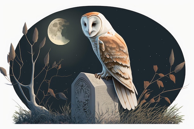 Image of a barn owl in its native habitat perched atop a tombstone