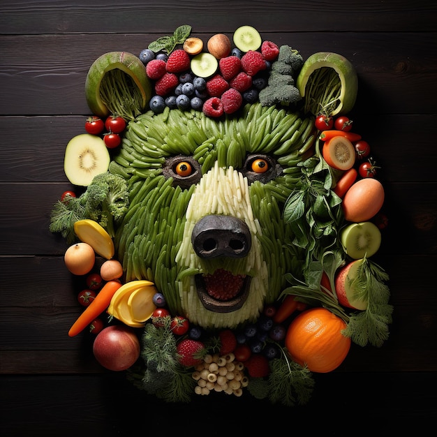 Изображение медвежьей морды, сделанное из овощей и фруктов на чистом фоне Еда Животные Иллюстрация Генеративный AI