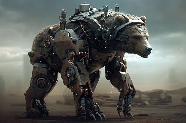 Foto immagine dell'orso robot armato futuristico illustrazione di animali selvatici ai generativa