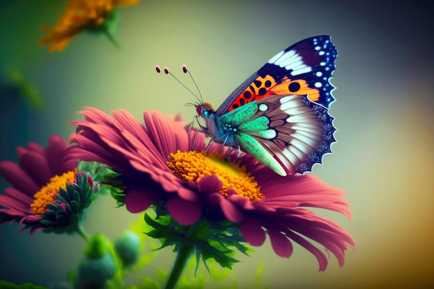 Image of beautiful bright flower with butterfly on blurred green background