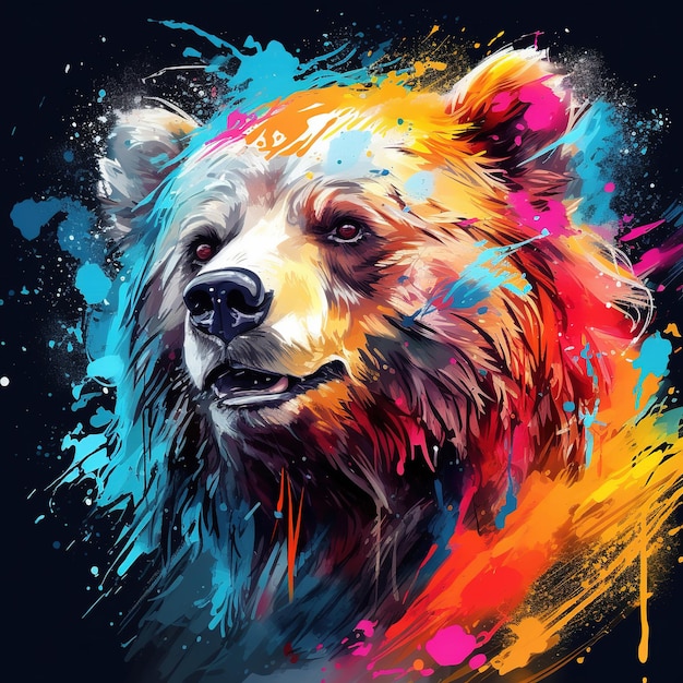 Изображение красивой красочной картины головы медведя. Животные дикой природы. Иллюстрация Генеративный AI.
